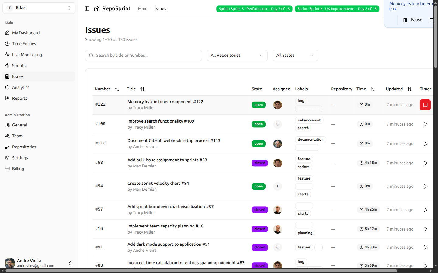 Developer productivity time tracking interface for GitHub issues